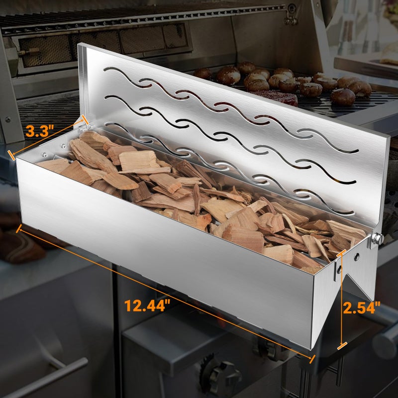 Skyflame Wood Chip Smoker Box, Stainless Steel Double V-shape BBQ Smoke Box with Hinged Lid for Charcoal & Propane Gas Grill, 12.5"(L) x 3.3"(W) x 2.5"(H), U.S. Design Patent - Image 2